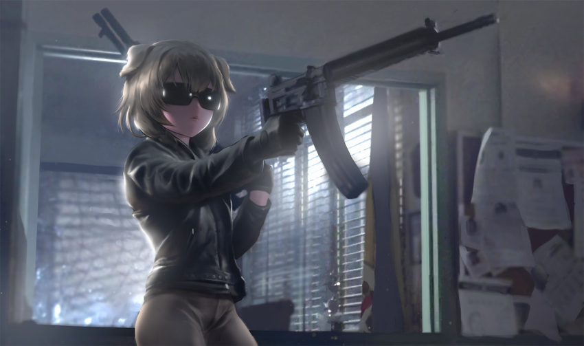 1girl, animal_ears, ar-18, assault_rifle, bangs, black_jacket, blurry, braid, brown_hair, brown_pants, bulletin_board, depth_of_field, dog_ears, dog_girl, doorway, dual_wielding, gloves, gun, hair_between_eyes, holding, holding_weapon, hololive, indoors, infi, inugami_korone, jacket, leather, leather_gloves, leather_jacket, long_hair, low_twin_braids, open_mouth, pants, pointing_weapon, rifle, shotgun, solo, spas-12, sunglasses, terminator_(series), twin_braids, virtual_youtuber, weapon, window
