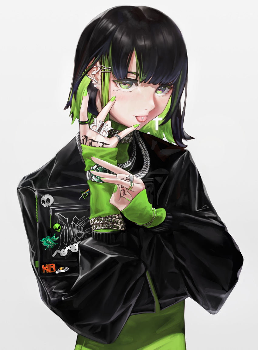 1girl, :p, absurdres, arm_tattoo, black_hair, black_jacket, bob_cut, bracelet