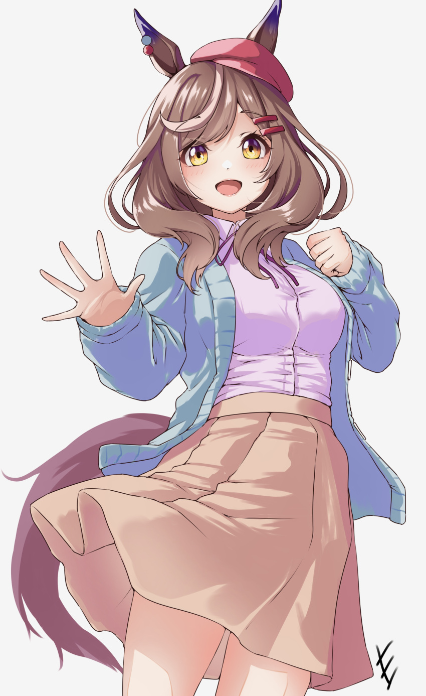 1girl, absurdres, animal_ears, blush, breasts, casual, commentary_request, end_syuuuu