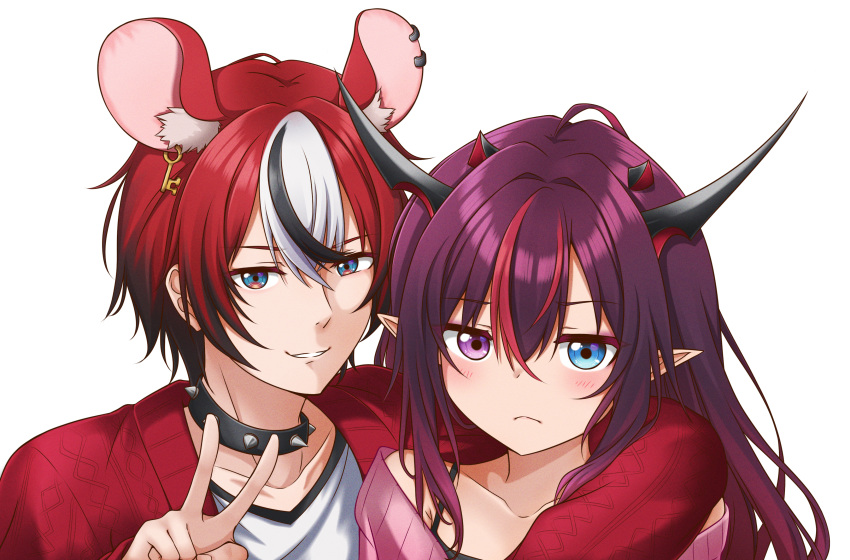 1boy, 1girl, absurdres, animal_ears, bangs, black_hair, blue_eyes, choker