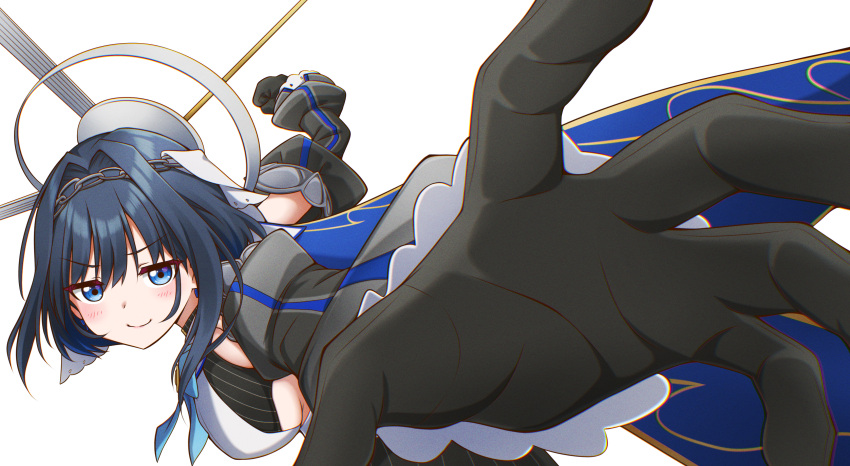 1girl, absurdres, bangs, black_gloves, black_hair, black_sleeves, blue_eyes, blue_neckerchief