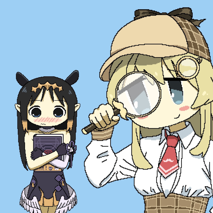 2girls, black_eyes, black_hair, blonde_hair, blue_background, blue_eyes, blush, book