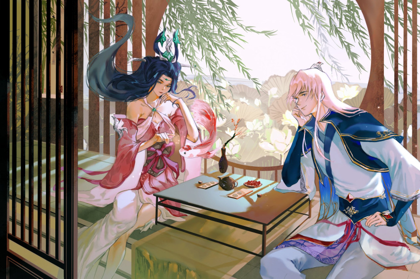 antares16853917, blue_hair, dress, enduring_sword_talon, flower, highres, janna_(league_of_legends), league_of_legends