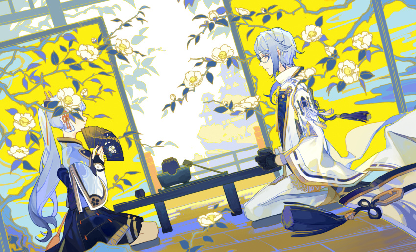 1boy, 1girl, absurdres, black_gloves, branch, flower, genshin_impact, gloves, hand_fan, highres, holding, holding_fan, japanese_clothes, kamisato_ayaka, kamisato_ayato, light_blue_hair, long_hair, long_sleeves, mole, mole_under_mouth, nnikko, ponytail, seiza, short_hair, siblings, sitting, table, wide_sleeves