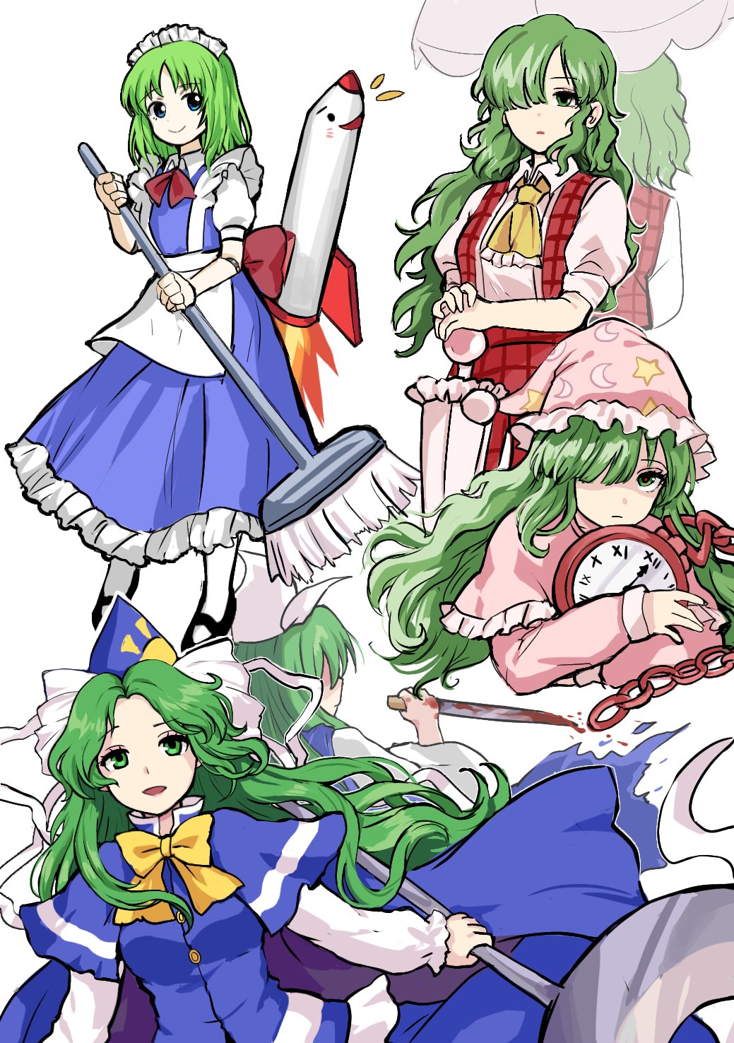 1other, 3girls, analog_clock, apron, ascot, black_footwear, blood, blood_on_hands