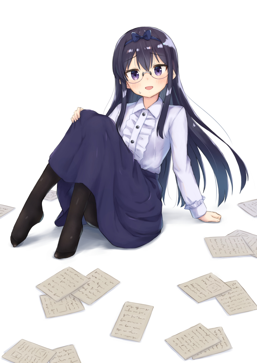1girl, arm_support, black_hair, black_legwear, blush, bow, full_body, glasses, hair_bow, hand_on_own_knee, highres, kuramoto_takato, long_hair, looking_at_viewer, machikado_mazoku, ogura_shion, open_mouth, pantyhose, shiny, shiny_hair, simple_background, smile, solo, sweat, violet_eyes, white_background