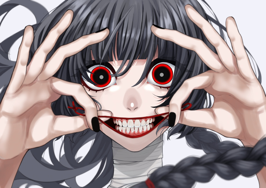 1girl, absurdres, bandaged_neck, bandages, bangs, black_hair, black_nails, braid, hair_ribbon, highres, horror_(theme), iwnm0313, long_hair, looking_at_viewer, open_mouth, original, red_eyes, red_ribbon, ribbon, smile, solo, teeth, twin_braids, white_background