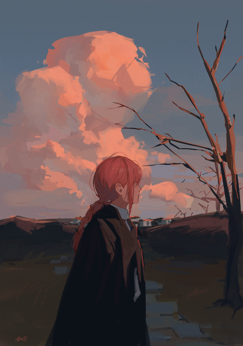 1girl, absurdres, braid, braided_ponytail, chainsaw_man, coat, collared_shirt, from_behind