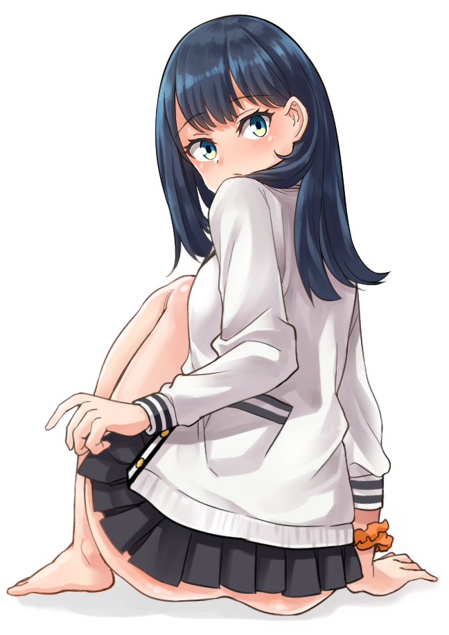 bad_id, bad_pixiv_id, barefoot, black_hair, blue_eyes, cardigan, gridman_universe, long_hair, looking_back, miniskirt, no_panties, school_uniform, scrunchie, sitting, skirt, ssss.gridman, takarada_rikka, thighs, white_background, yong-gok