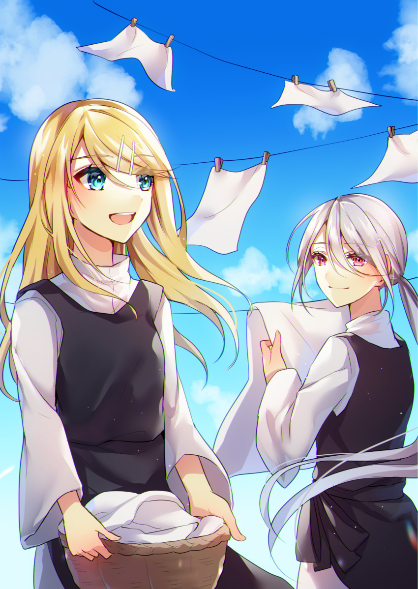 2girls, :d, aku_no_musume_(vocaloid), aryuma772, bangs, basket, blonde_hair, blue_eyes