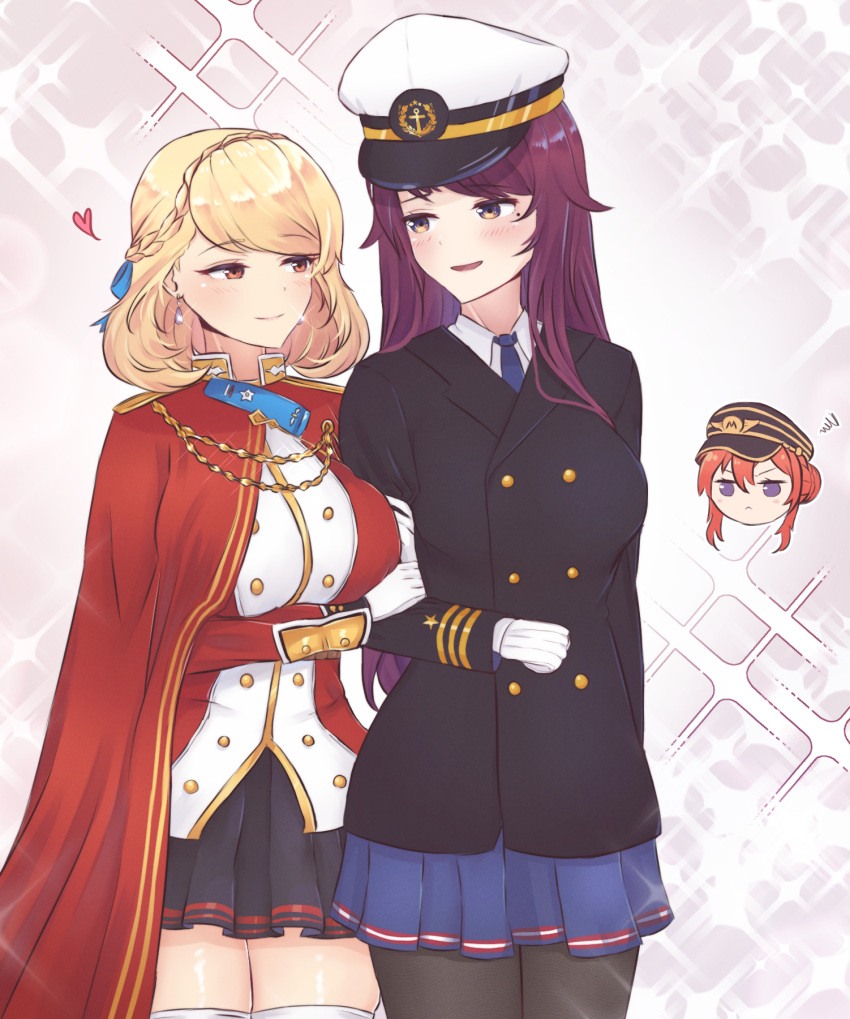 >o<, 3girls, azur_lane, blonde_hair, braid, chibi, chibi_inset, crown_braid, earrings, female_commander_(azur_lane), gloves, hat, heart, highres, holding_another's_arm, jewelry, long_hair, looking_at_another, military, military_uniform, monarch_(azur_lane), multiple_girls, naval_uniform, pantyhose, pleated_skirt, prince_of_wales_(azur_lane), pumpkinpaii, skirt, sparkle, thigh-highs, uniform, yuri