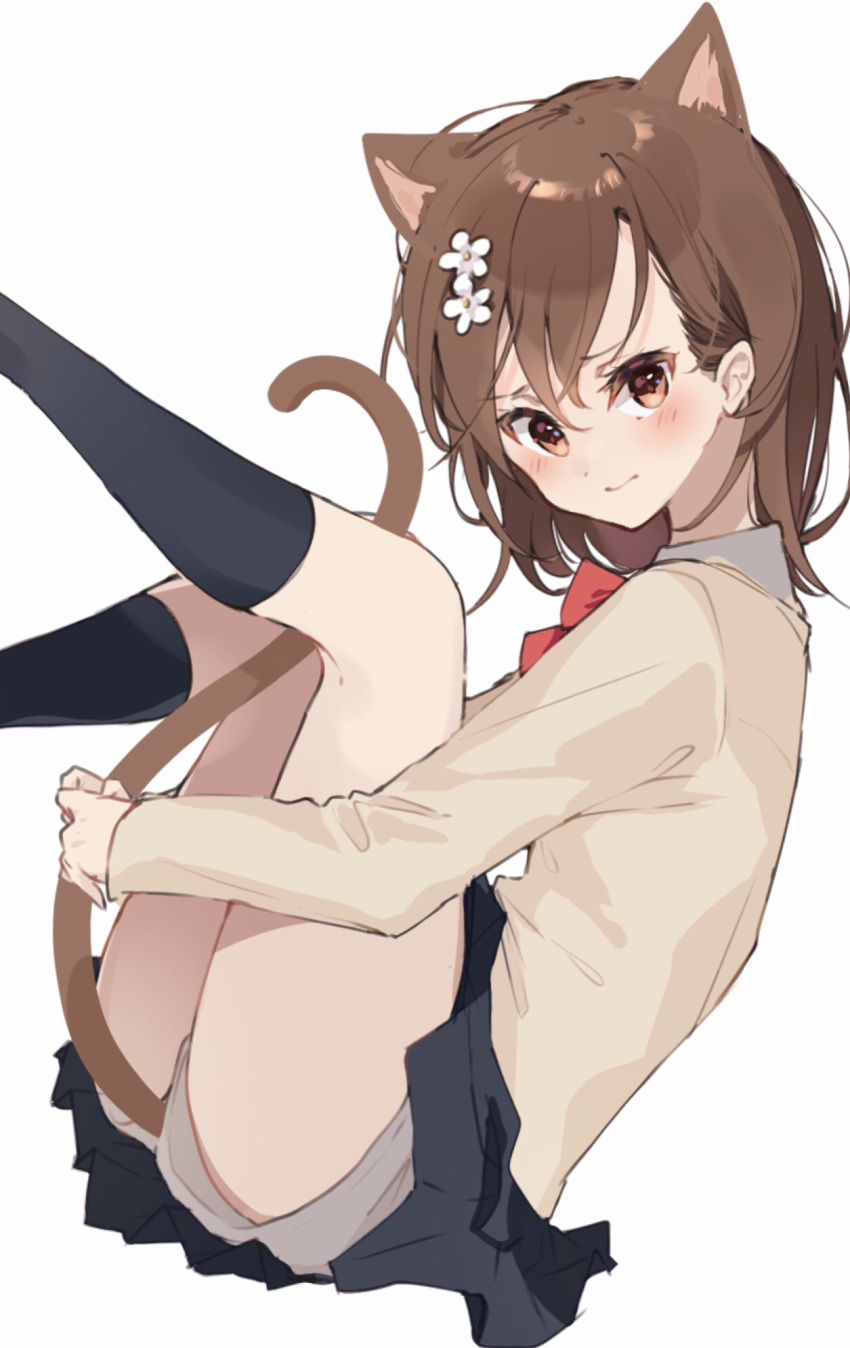 1girl, animal_ear_fluff, animal_ears, arm_behind_leg, beige_jacket, between_legs, black_legwear, black_skirt