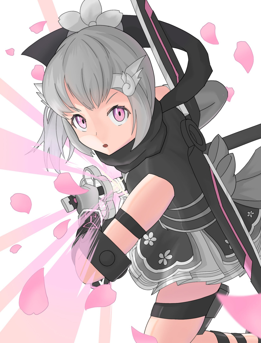 1girl, angry, bow, cherry_blossoms, floral_print, flower, grey_hair, hair_flower