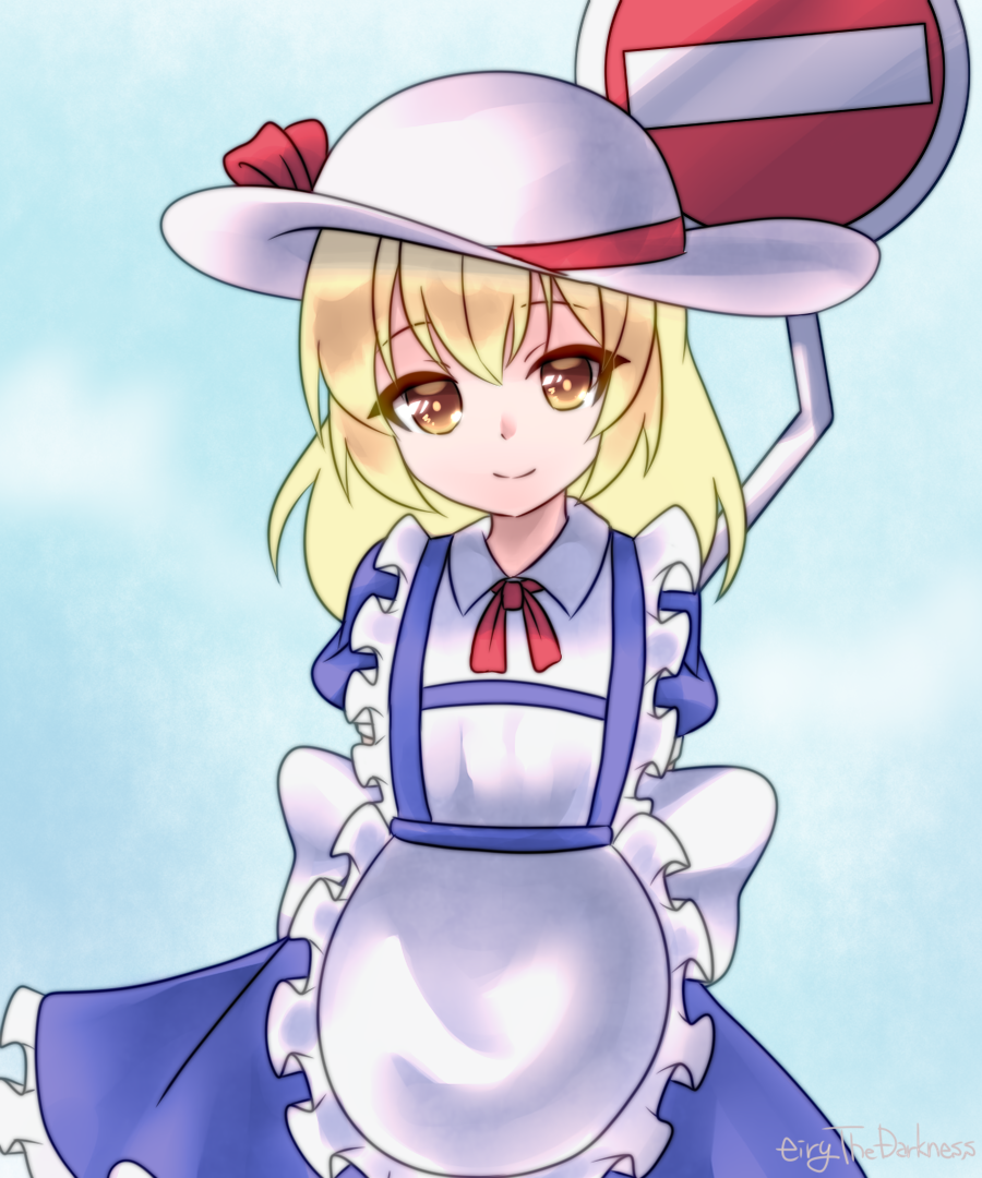 1girl, apron, arms_behind_back, back_bow, blonde_hair, blue_dress, bow, closed_mouth, cowboy_shot, dress, eirythedarkness, frilled_apron, frilled_dress, frills, hat, hat_bow, kana_anaberal, looking_at_viewer, medium_hair, one-hour_drawing_challenge, puffy_short_sleeves, puffy_sleeves, red_bow, road_sign, short_sleeves, sign, smile, sun_hat, touhou, touhou_(pc-98), waist_apron, white_apron, white_bow, white_headwear, yellow_eyes