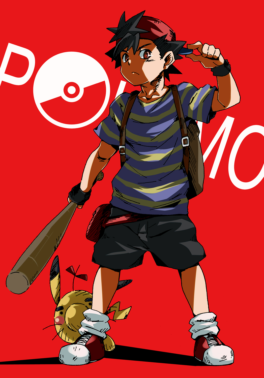 1boy, ash_ketchum, backpack, backwards_hat, bag, baseball_bat, cosplay, creature, doseisan, frown, hat, highres, holding, holding_baseball_bat, khunpol, looking_at_viewer, male_focus, mother_(game), mother_2, ness_(mother_2), ness_(mother_2)_(cosplay), pikachu, pikachu_(cosplay), pikachu_ears, pikachu_tail, poke_ball, pokemon, pokemon_(anime), pokemon_ears, pokemon_tail, red_background, red_eyes, red_footwear, red_headwear, shadow, shirt, shorts, standing, striped, striped_shirt, tail