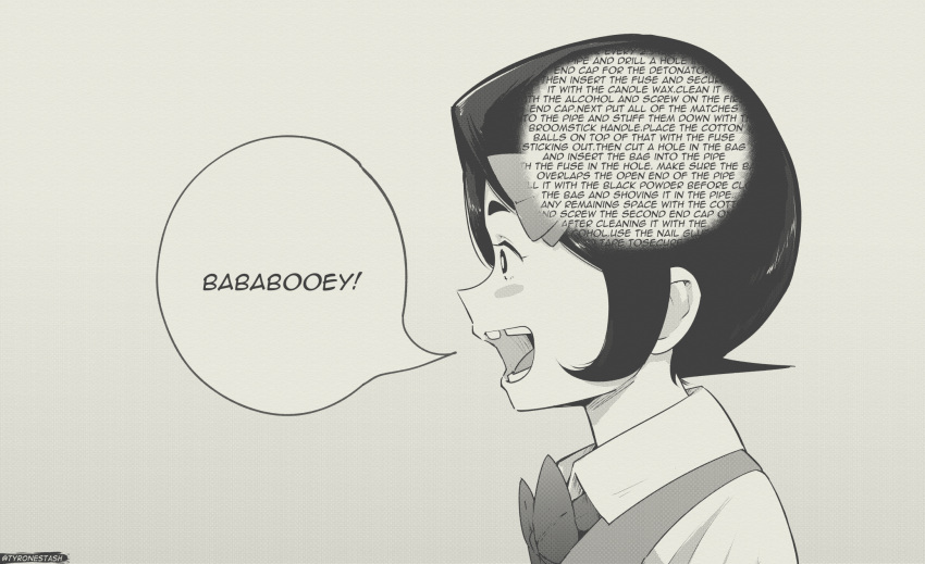 :d, bababooey, black_hair, bow, bowtie, english_text, gradient, gradient_background