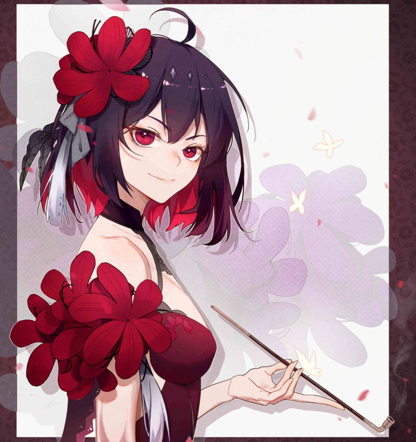 1girl, bangs, bob_cut, china_dress, chinese_clothes, closed_mouth, dress, flower, hair_flower, hair_ornament, highres, holding, holding_pipe, honkai_(series), honkai_impact_3rd, kiseru, looking_at_viewer, looking_to_the_side, petals, pipe, pmg, red_eyes, red_flower, redhead, seele_(alter_ego), seele_vollerei, seele_vollerei_(stygian_nymph), short_hair, sleeveless, sleeveless_dress, smile