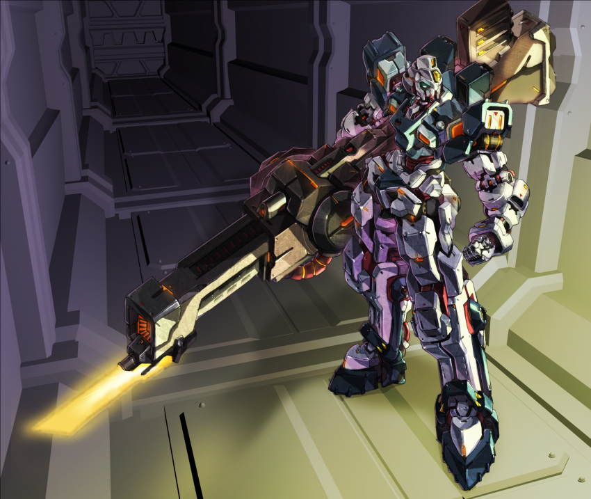 blue_eyes, clenched_hand, english_commentary, glowing, glowing_eye, gun, gundam, highres, holding, holding_gun, holding_weapon, looking_to_the_side, mecha, mobile_suit, no_humans, original, paper_bot, solo, standing, weapon