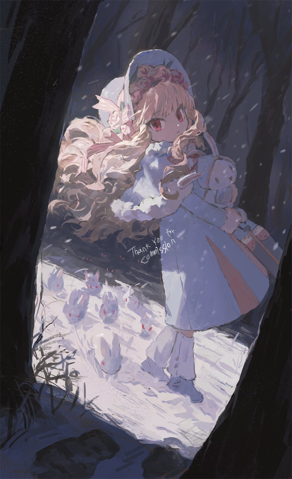 1girl, :|, bangs, bare_tree, blue_coat, child, closed_mouth, coat