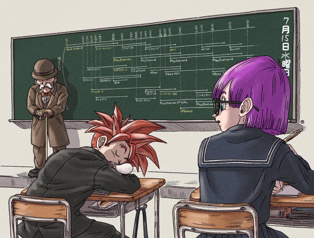 1girl, 2boys, book, chalkboard, chrono_trigger, crono_(chrono_trigger), desk, facial_hair, gaspar_(chrono_trigger), glasses, hat, lucca_ashtear, multiple_boys, mustache, open_mouth, purple_hair, redhead, short_hair, sleeping, spiky_hair, yuto_sakurai