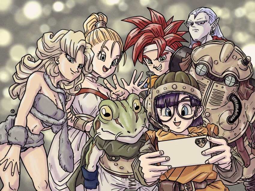 3girls, ayla_(chrono_trigger), blonde_hair, blue_eyes, breasts, cellphone, chrono_trigger, closed_mouth