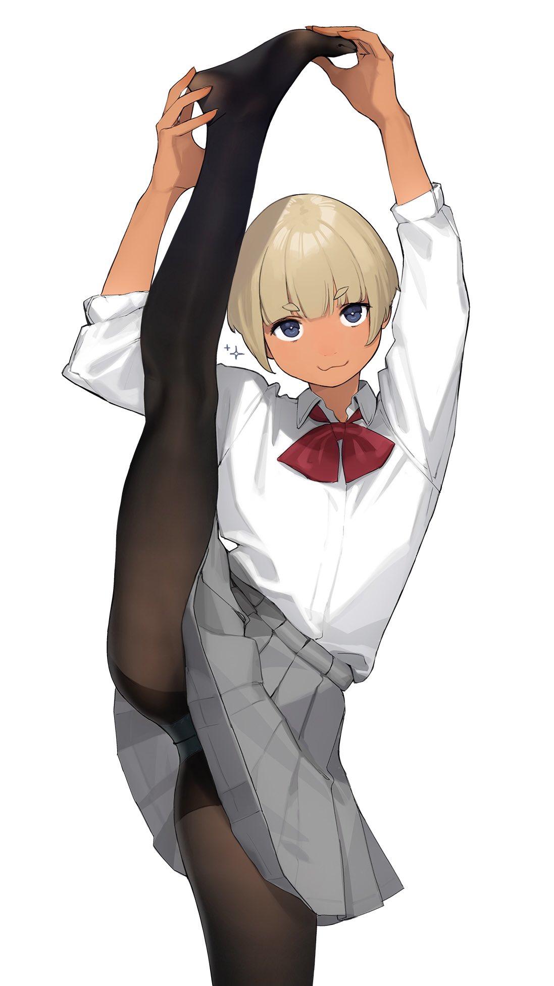 1girl, :3, arms_up, bangs, black_legwear, blonde_hair, blue_eyes, blunt_bangs