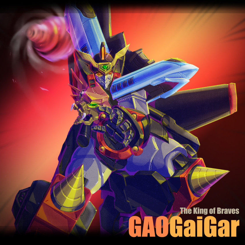 copyright_name, drill, gaogaigar, green_eyes, highres, looking_ahead, mecha, motion_blur, no_humans, open_hand, orange_eyes, paper_bot, science_fiction, solo, super_robot, v-fin, yuusha_ou_gaogaigar, yuusha_series