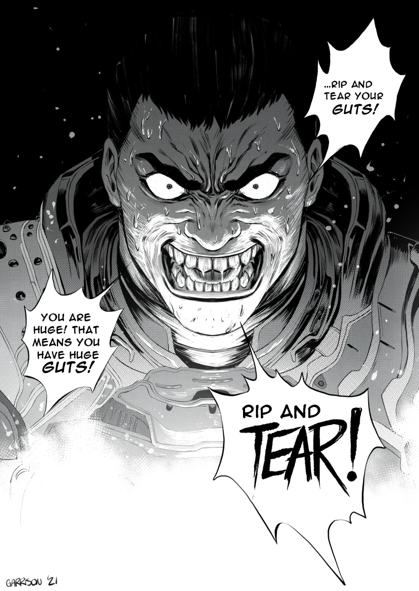 !, 1boy, armor, artist_name, constricted_pupils, decomposedtaco, doom_(series), doom_eternal, doomguy, english_commentary, english_text, highres, looking_at_viewer, miura_kentarou_(style), monochrome, no_headwear, no_helmet, open_mouth, parody, praetor_suit, saliva, shouting, simple_background, solo, speech_bubble, style_parody, sweat, sweating_profusely, tongue, upper_body, v-shaped_eyebrows, wrinkled_skin