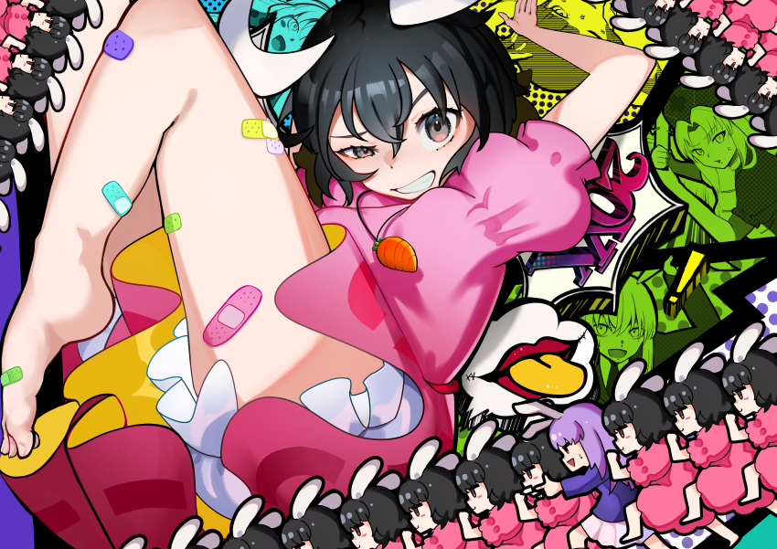 absurdres, animal_ears, bandaid, barefoot, black_eyes, black_hair, bloomers, carrot_necklace