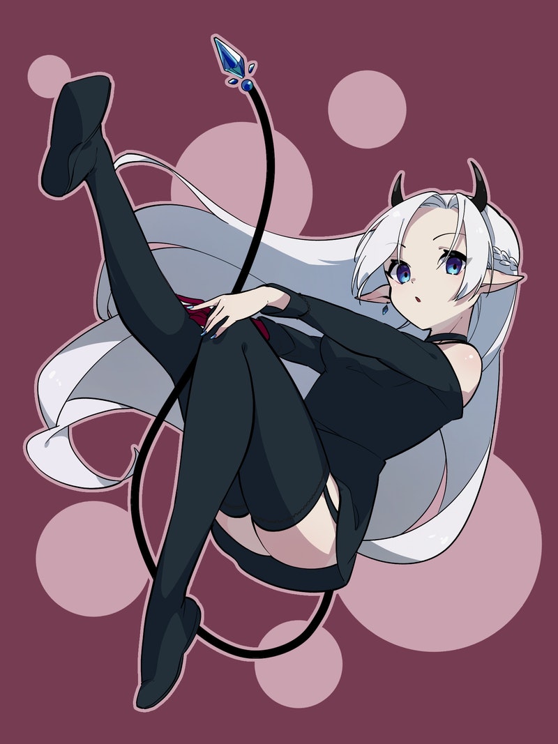 1girl, akahito_(akaironotanin), black_dress, black_legwear, blue_eyes, demon_girl, demon_horns, demon_tail