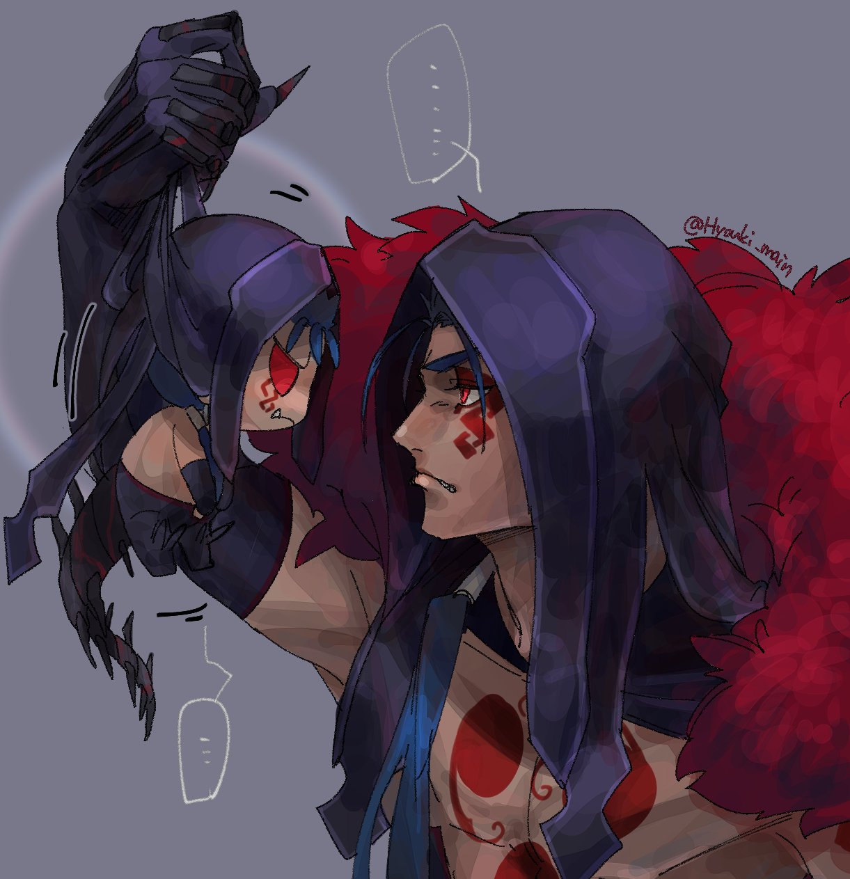 ..., 2boys, bare_pectorals, black_gloves, blue_hair, chest_tattoo, chibi, cu_chulainn_(fate)