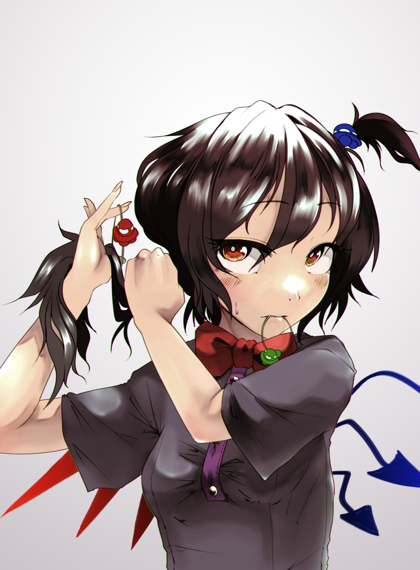 1girl, adjusting_hair, alternate_hairstyle, asymmetrical_wings, bangs, black_dress, black_hair, bow