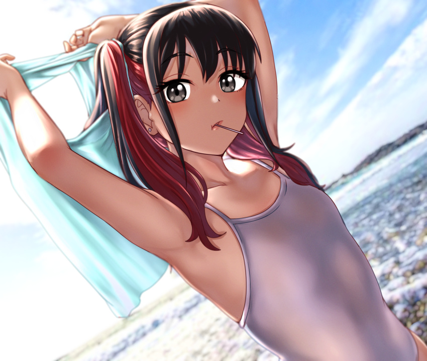 1girl, armpits, black_eyes, black_hair, blurry, candy, clouds, competition_school_swimsuit