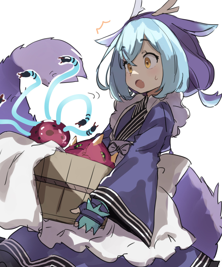 1girl, absurdres, apron, blue_hair, bucket, cowboy_shot, dragon_girl, dress, duel_monster, fingerless_gloves, gazacy_(dai), gloves, highres, holding, holding_bucket, horns, laundry_dragonmaid, long_sleeves, multicolored_hair, paleozoic_dinomischus, paleozoic_olenoides, purple_hair, sweatdrop, tail, tentacles, towel, white_background, wide_sleeves, yu-gi-oh!