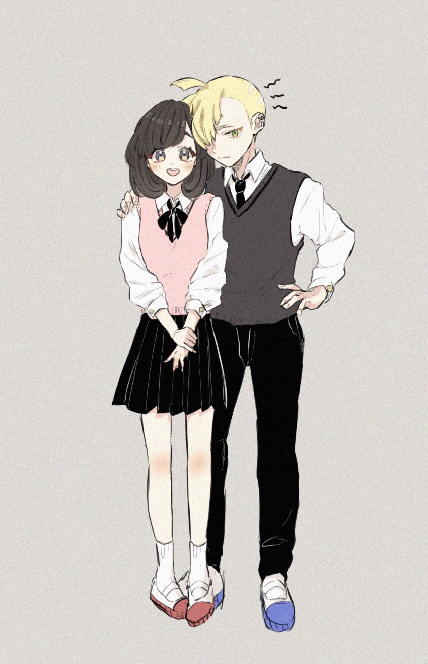1boy, 1girl, ahoge, alternate_costume, bangs, black_necktie, black_pants, black_ribbon