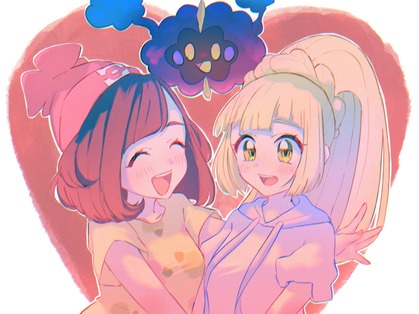 2girls, :d, bangs, beanie, blonde_hair, blue_sailor_collar, blush, braid