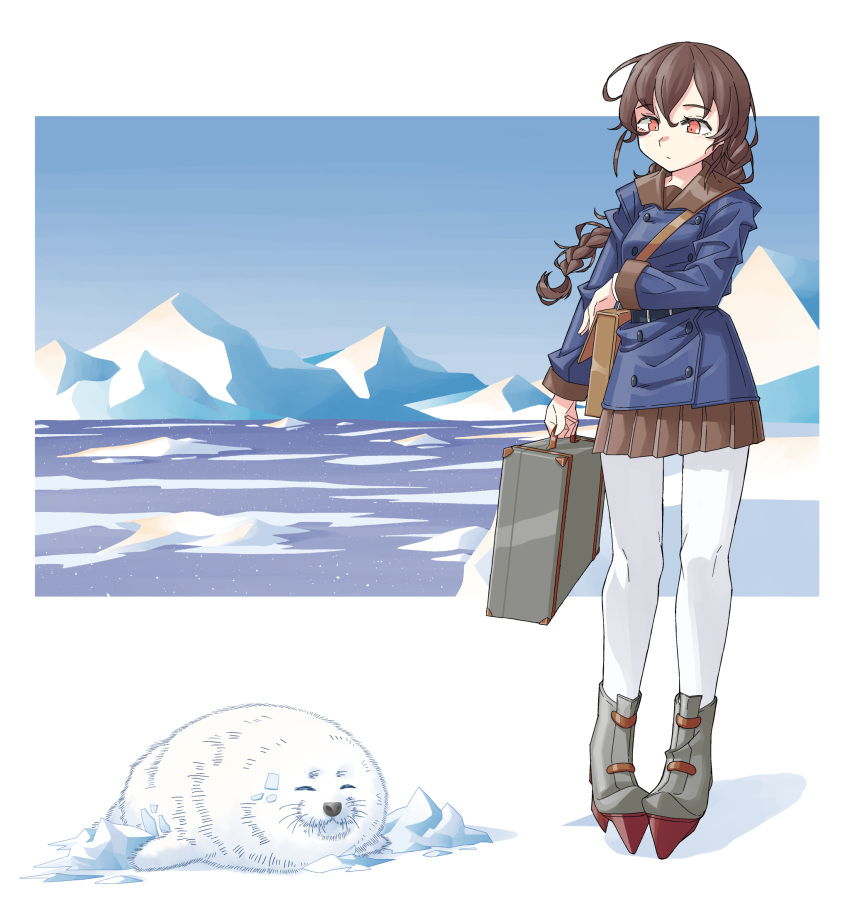 1girl, animal, bag, bangs, blue_jacket, boots, braid, brown_hair