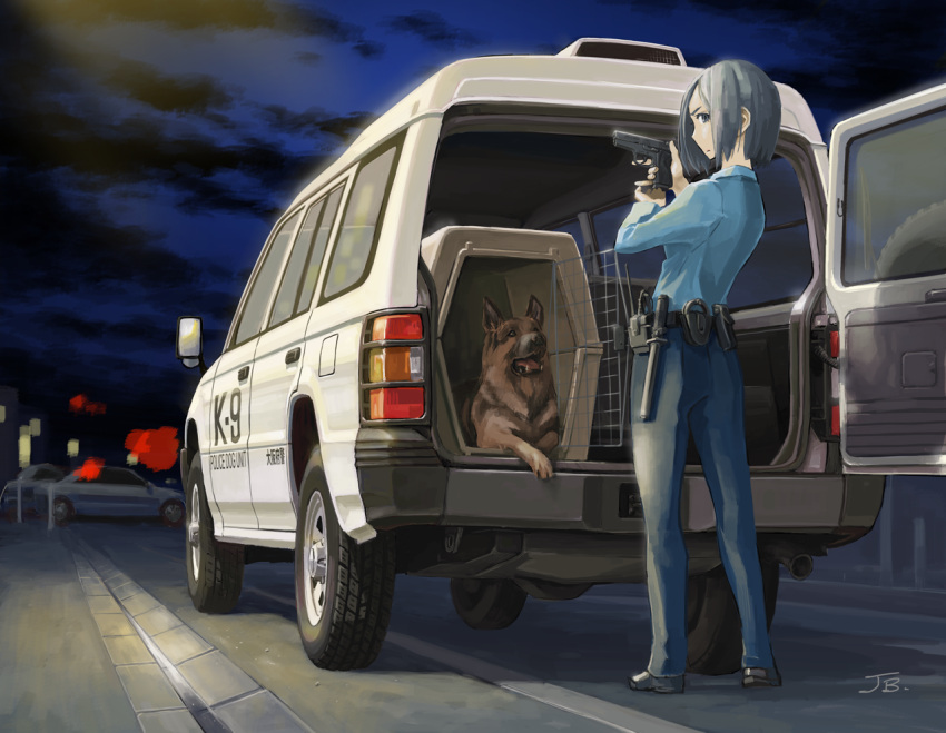 1girl, animal, baton_(weapon), belt, black_footwear, blue_pants, blue_shirt, cage, car, clouds, commentary_request, dark_clouds, dog, from_behind, grey_hair, ground_vehicle, gun, handgun, holding, holding_gun, holding_weapon, jettoburikku, k9, looking_at_viewer, mitsubishi_motors, mitsubishi_pajero, motor_vehicle, night, original, outdoors, pants, pistol, police, police_car, police_uniform, policewoman, shirt, shoes, short_hair, sports_utility_vehicle, standing, uniform, utility_belt, vehicle_focus, watermark, weapon