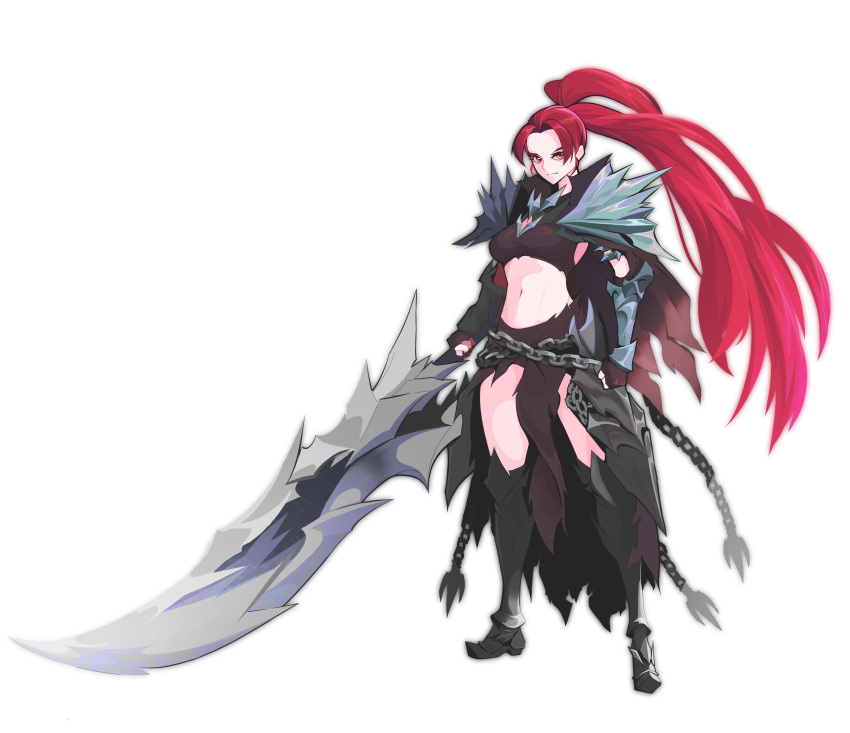 1girl, absurdres, armor, cape, chain, full_body, greaves, high_ponytail