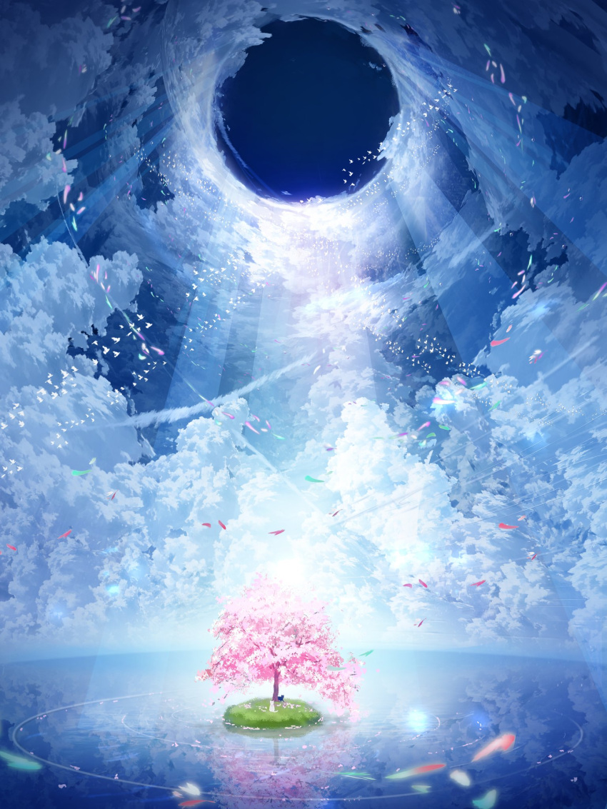 blue_sky, cherry_blossoms, clouds, cloudy_sky, commentary_request, day, highres, horizon