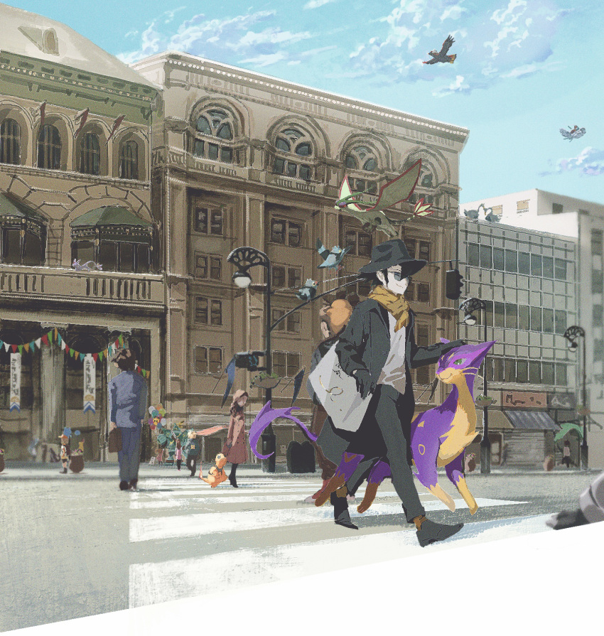 4boys, 4girls, altaria, alternate_costume, bag, bangs, black_coat, black_footwear
