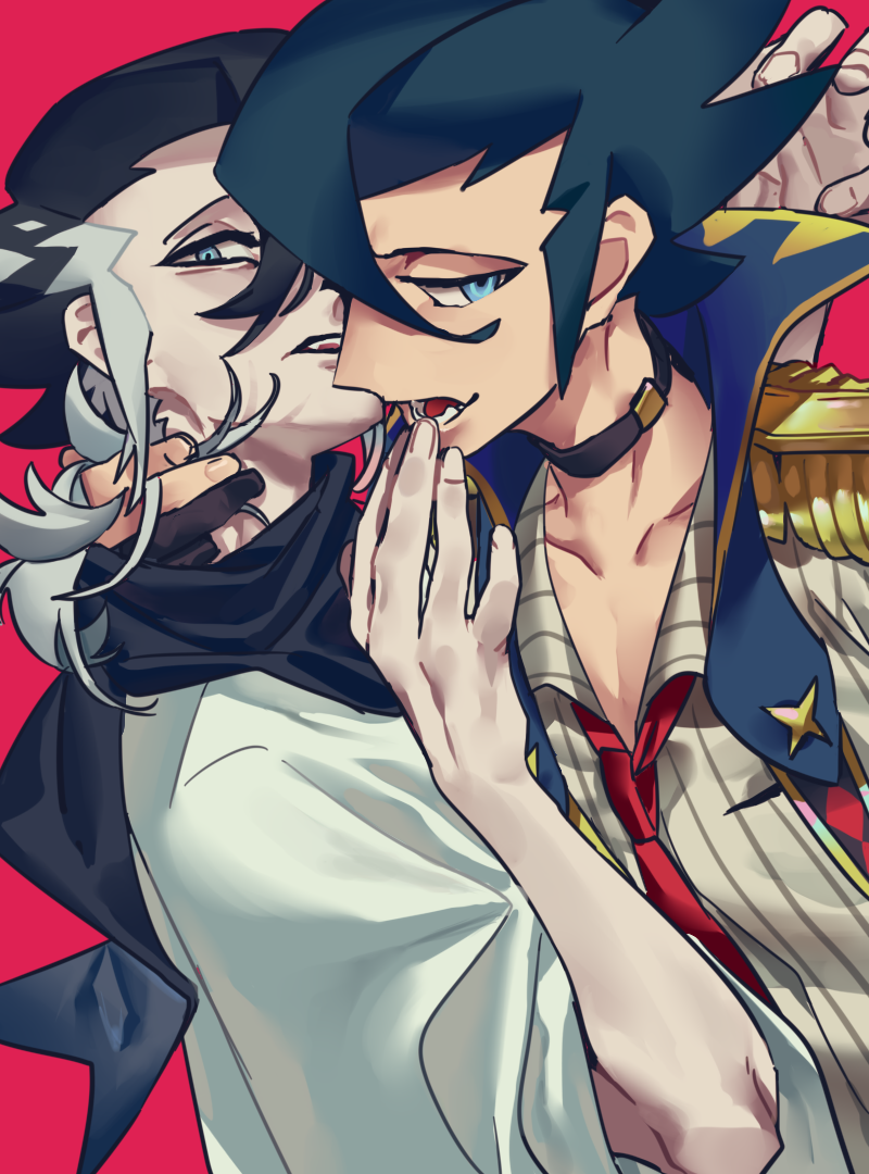2boys, bangs, black_choker, black_hair, black_scarf, blue_eyes, choker, collarbone