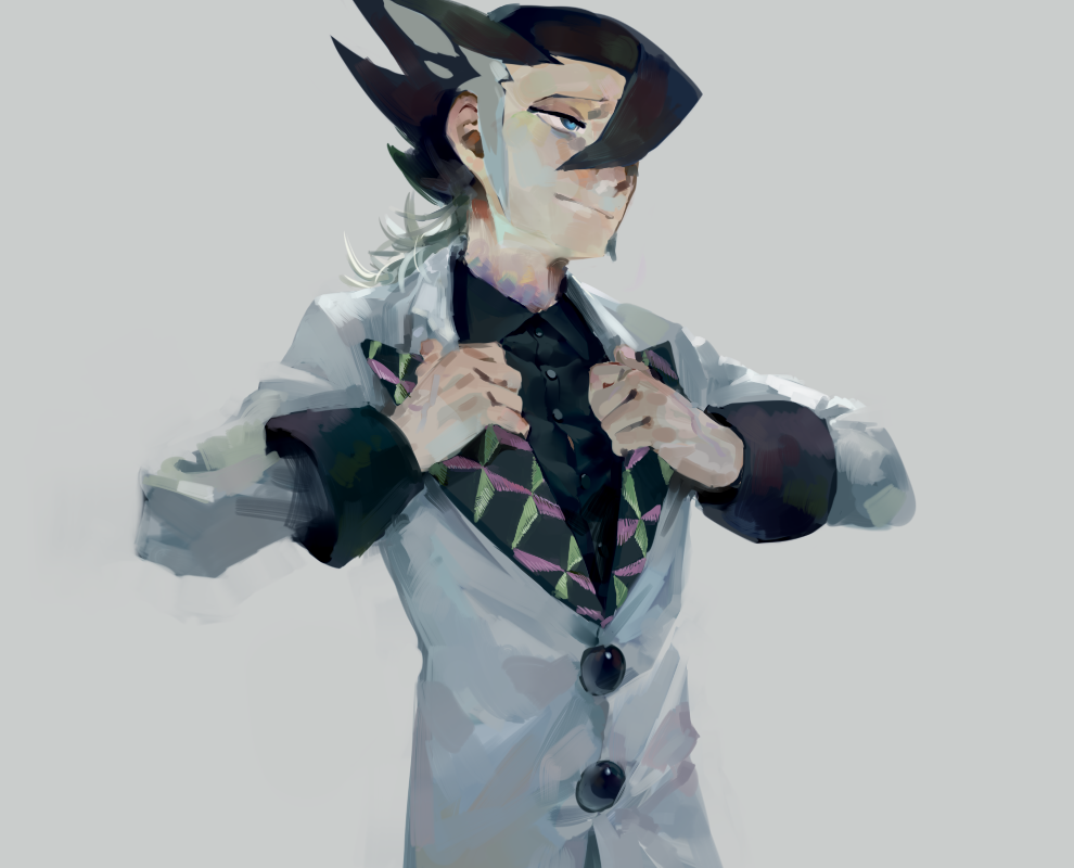 1boy, alternate_costume, bangs, black_hair, black_shirt, blue_eyes, buttons, closed_mouth