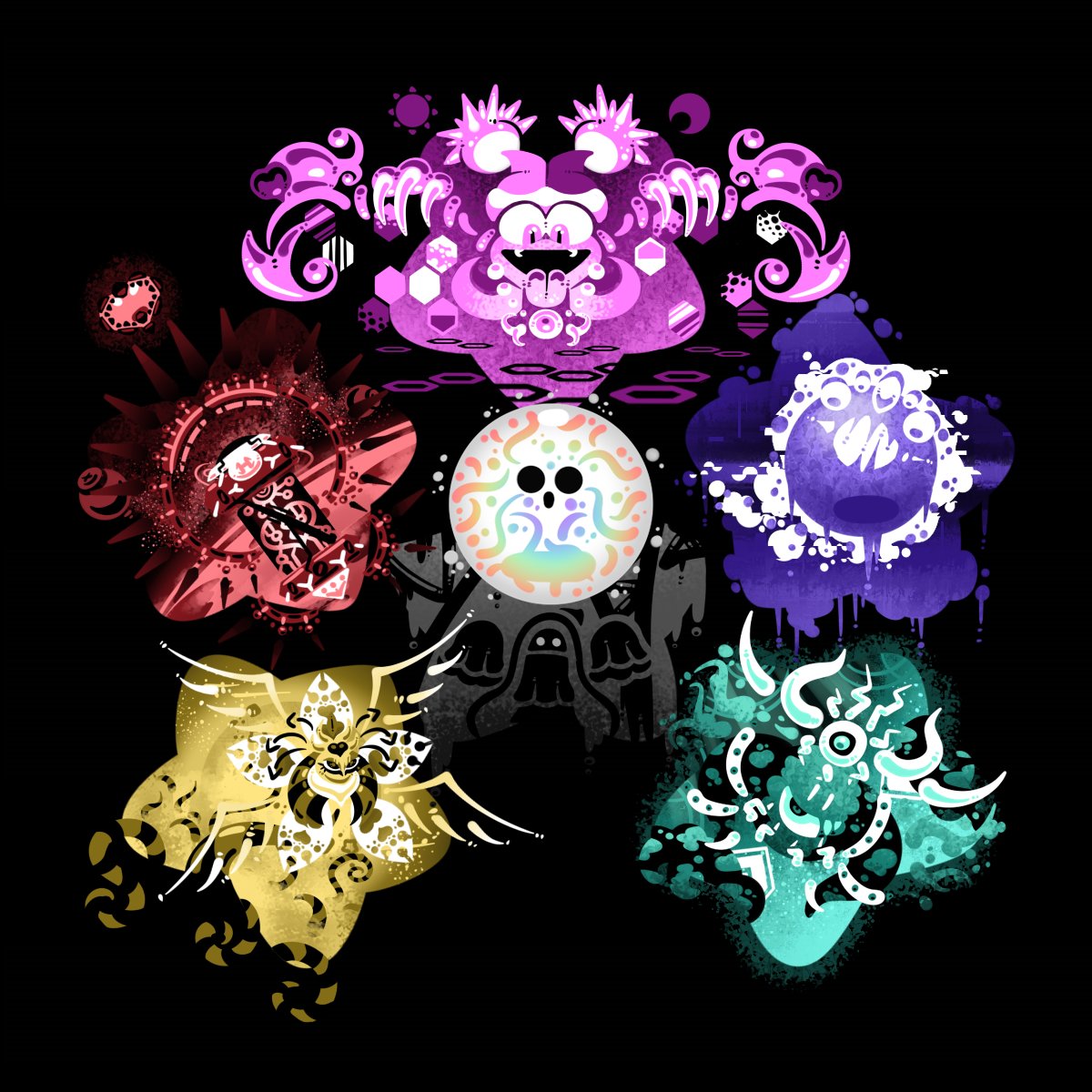 black_background, commentary, crazy_smile, crescent, drawcia, drawcia_soul, extra_eyes, fangs