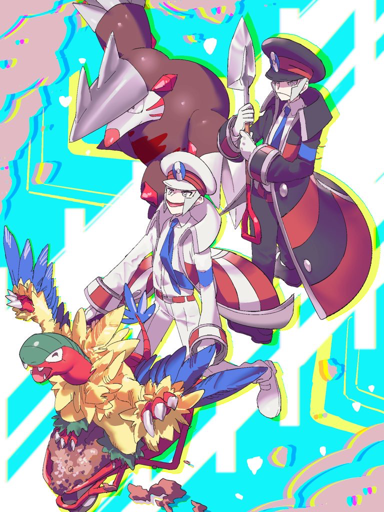 2boys, archeops, belt, belt_buckle, black_coat, black_footwear, black_headwear, black_pants, blue_necktie, brothers, brown_belt, buckle, closed_mouth, coat, collared_shirt, commentary_request, dirt, dress_shirt, emmet_(pokemon), excadrill, frown, gloves, grey_eyes, grey_hair, gyakumushi, hat, high_collar, holding, holding_shovel, ingo_(pokemon), long_sideburns, long_sleeves, male_focus, multiple_boys, necktie, open_mouth, pants, peaked_cap, pokemon, pokemon_(creature), pokemon_(game), pokemon_bw, running, shirt, shoes, short_hair, shovel, siblings, sideburns, smile, tongue, trench_coat, wheelbarrow, white_coat, white_footwear, white_gloves, white_headwear, white_pants, white_shirt