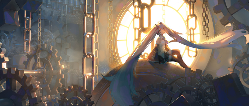 1girl, absurdres, ahoge, aqua_eyes, aqua_hair, bare_shoulders, black_legwear, chain