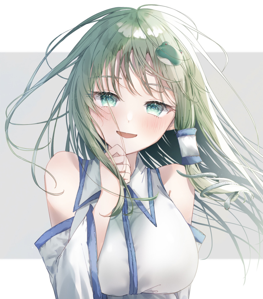 1girl, :d, bare_shoulders, blush, breasts, detached_sleeves, frog_hair_ornament, furawast