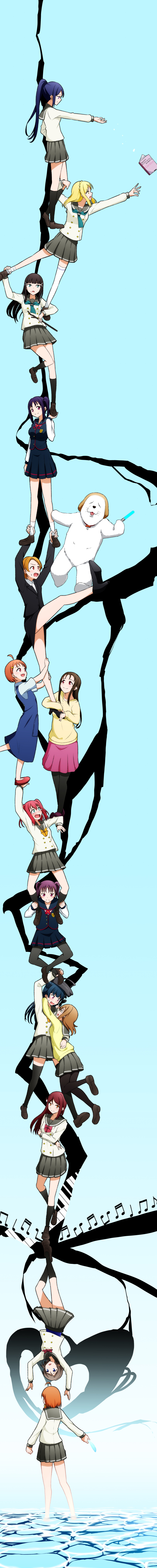 6+girls, absurdres, ahoge, bangs, blue_eyes, blue_hair, brown_hair, durarara!!, eyebrows_visible_through_hair, gloves, grey_hair, hair_ornament, hair_ribbon, highres, incredibly_absurdres, kazuno_leah, kazuno_sarah, kunikida_hanamaru, kurosawa_dia, kurosawa_ruby, long_hair, long_sleeves, looking_at_viewer, love_live!, love_live!_sunshine!!, matsuura_kanan, multiple_girls, never_say_never, norimituko, notebook, ohara_mari, open_mouth, orange_hair, purple_hair, redhead, ribbon, saint_snow, sakurauchi_riko, school_uniform, serafuku, shiitake_(love_live!_sunshine!!), short_hair, siblings, sisters, smile, takami_chika, takami_chika's_mother, takami_mito, takami_shima, tall_image, tsushima_yoshiko, twintails, uranohoshi_school_uniform, violet_eyes, watanabe_you