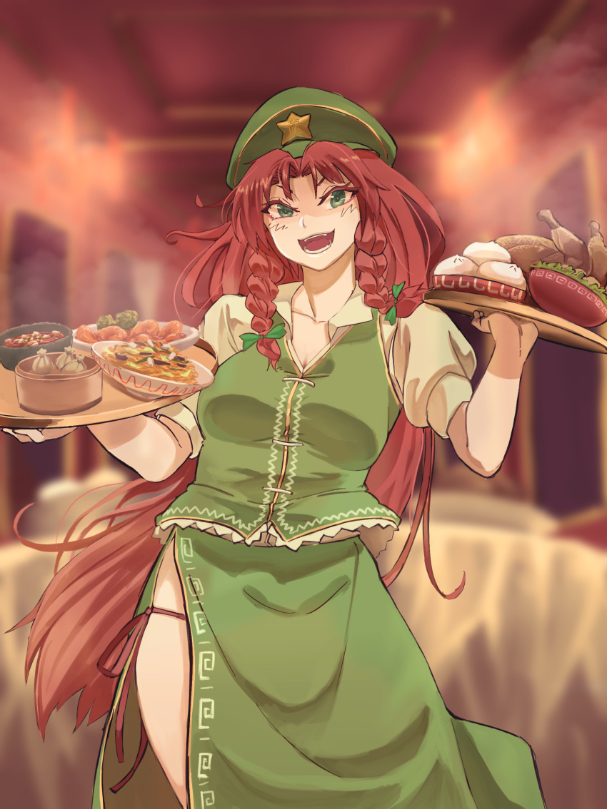 1girl, absurdres, alternate_hair_length, alternate_hairstyle, bare_arms, beret, blurry, blurry_background