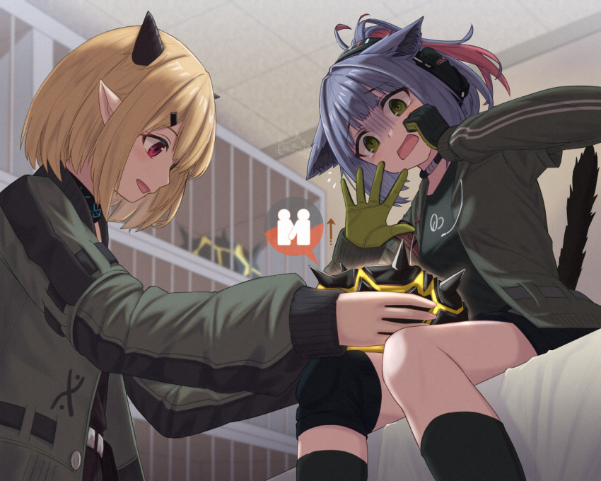 2girls, animal_ears, arknights, arrow_(symbol), black_choker, black_legwear, black_shirt, blonde_hair